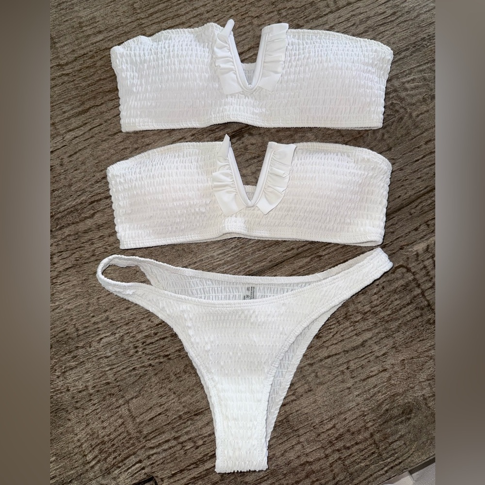 SHEIN bandeau bikini white smocked tops size small & medium bottoms size small
